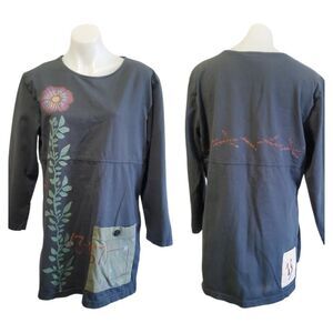 Isabel LA Artsy Lagenlook Cotton Tunic Top Hand Painted Floral Artsy Boho Large